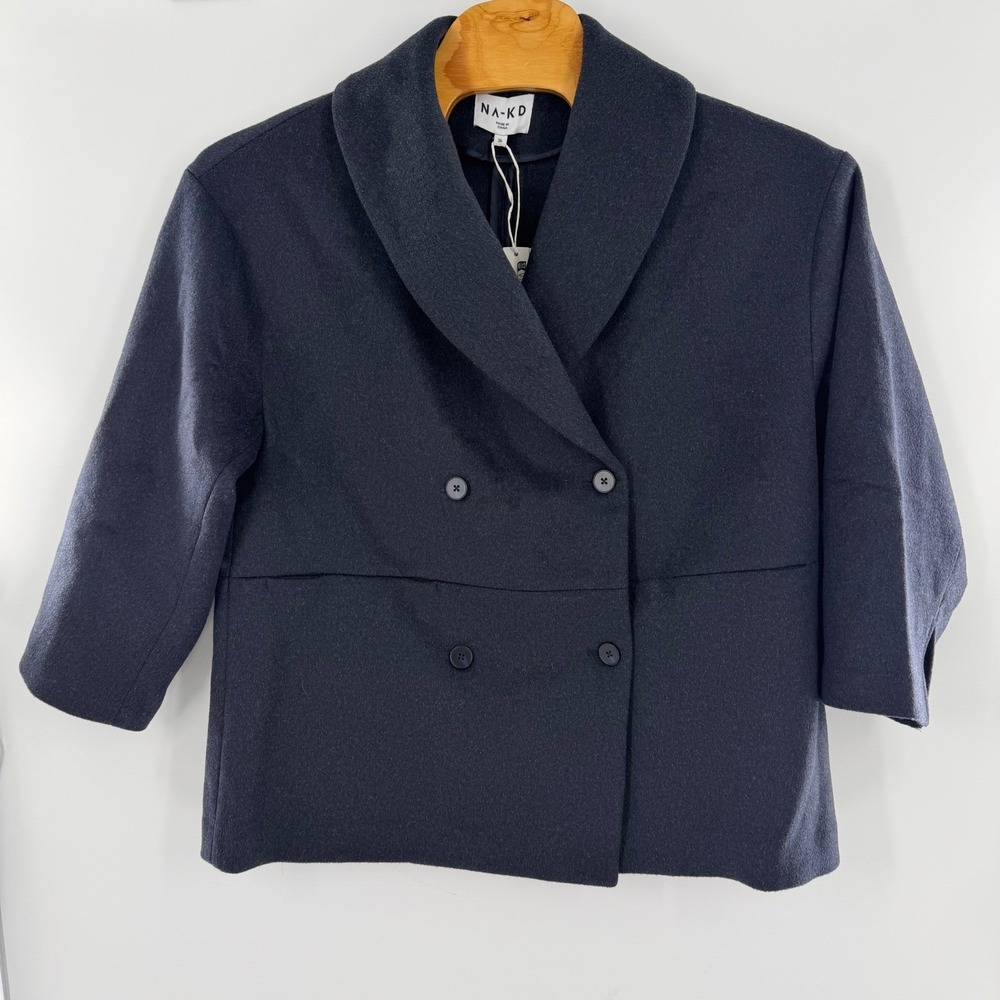NA-KD Wool Blend Short Coat Navy Blue Double‎ Breasted Shawl Collar EU 36 NEW - Picture 5 of 11